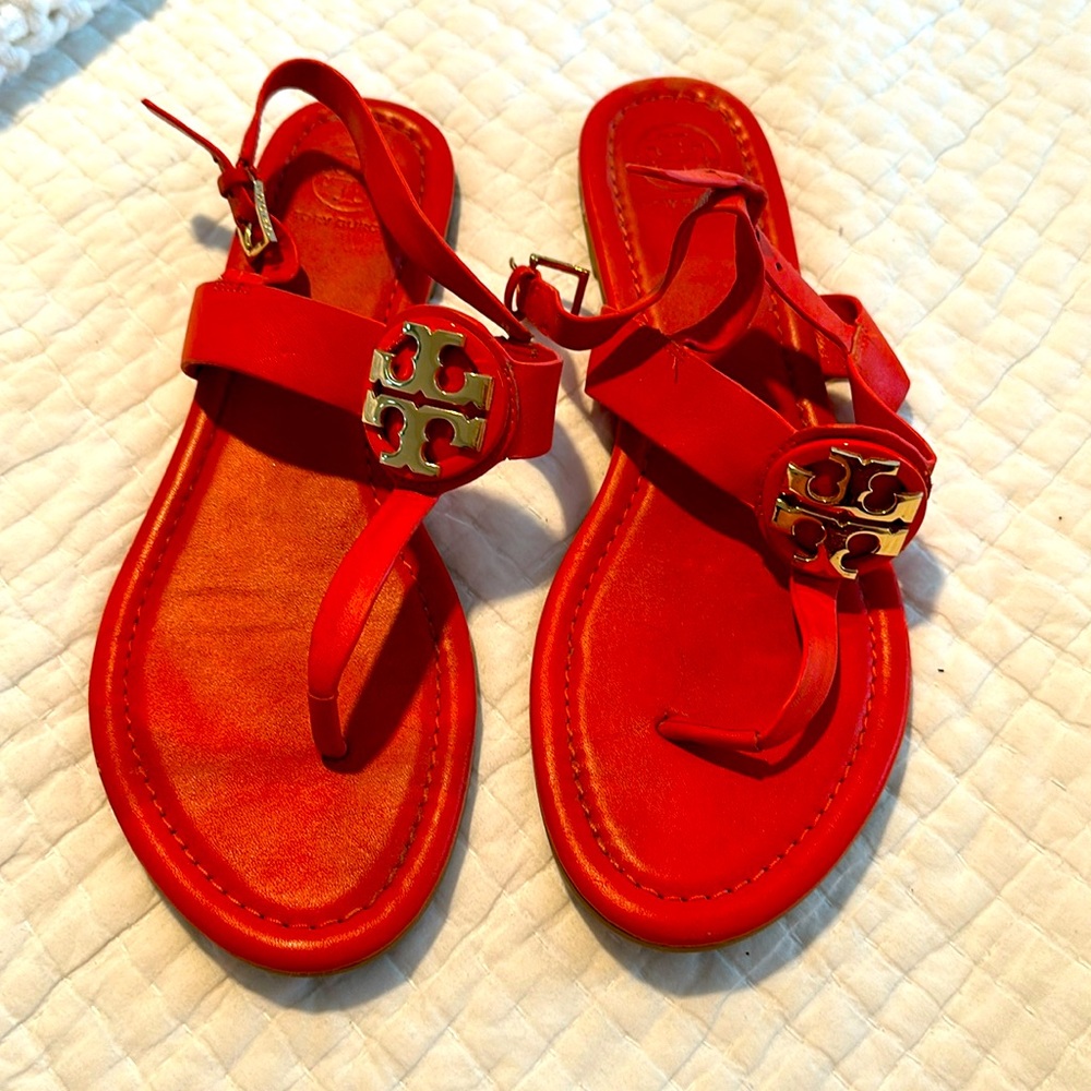 Tory Burch coral red t strap sandals